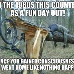 I don't remember much from the 80s! | IN THE 1980S THIS COUNTED AS A FUN DAY OUT! ONCE YOU GAINED CONSCIOUSNESS YOU WENT HOME LIKE NOTHING HAPPEND! | image tagged in bike accident,1980's,kids | made w/ Imgflip meme maker
