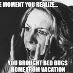 Jamie Lee screams in B/W | THE MOMENT YOU REALIZE... YOU BROUGHT BED BUGS HOME FROM VACATION | image tagged in jamie lee screams in b/w | made w/ Imgflip meme maker