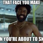 Childish Gambino Face | THAT FACE YOU MAKE; WHEN YOU'RE ABOUT TO SNEEZE | image tagged in childish gambino face | made w/ Imgflip meme maker