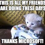 cat on xbox | THIS IS ALL MY FRIENDS ARE DOING THESE DAYS; THANKS MICROSOFT! | image tagged in cat on xbox | made w/ Imgflip meme maker