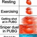 Won a game in PUBG. Heart is STILL pounding! | MY HEART:; Resting; Exercising; Getting shot at in PUBG; Sniper duel in PUBG; Final 1v1 for that Winner Winner Chicken Dinner | image tagged in my heart free sample,pubg,my heart,sniper,memes,winner | made w/ Imgflip meme maker