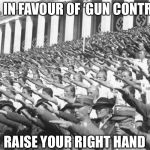 Liberals | ALL IN FAVOUR OF ‘GUN CONTROL’; RAISE YOUR RIGHT HAND | image tagged in nazis salute lots | made w/ Imgflip meme maker