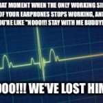 flat line ,electrocardiogram | THAT MOMENT WHEN THE ONLY WORKING SIDE OF YOUR EARPHONES STOPS WORKING, AND YOU'RE LIKE "NOOO!!! STAY WITH ME BUDDY!!"; "NOOO!!! WE'VE LOST HIM..." | image tagged in flat line electrocardiogram | made w/ Imgflip meme maker