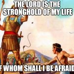 David and Goliath | THE LORD IS THE STRONGHOLD OF MY LIFE; OF WHOM SHALL I BE AFRAID? | image tagged in david and goliath | made w/ Imgflip meme maker