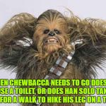 chewbaca | WHEN CHEWBACCA NEEDS TO GO DOES HE USE A TOILET, OR DOES HAN SOLO TAKE HIM FOR A WALK TO HIKE HIS LEG ON A TREE? | image tagged in chewbacca,star wars,funny,memes,funny memes | made w/ Imgflip meme maker