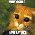 Why ogres have layers -this is a shrek meme- | WHY OGRES; HAVE LAYERS | image tagged in cat shrek | made w/ Imgflip meme maker
