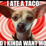 taco bell dog | I ATE A TACO; AND I KINDA WANT MORE | image tagged in taco bell dog | made w/ Imgflip meme maker