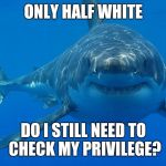 my birth was a waste of time mom | ONLY HALF WHITE DO I STILL NEED TO CHECK MY PRIVILEGE? | image tagged in great white shark | made w/ Imgflip meme maker