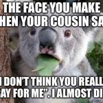 Stunned Koala | THE FACE YOU MAKE WHEN YOUR COUSIN SAYS; “I DON’T THINK YOU REALLY PRAY FOR ME”. I ALMOST DIED | image tagged in stunned koala | made w/ Imgflip meme maker
