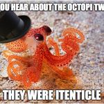 Sir octopus | DID YOU HEAR ABOUT THE OCTOPI TWINS? THEY WERE ITENTICLE | image tagged in sir octopus,pun | made w/ Imgflip meme maker