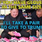 I'm sure it would go down well... :) | IF YOU HAVE GLOVES IN THE SAME SIZE; I'LL TAKE A PAIR TO GIVE TO TRUMP | image tagged in fearless great leader shoes,memes,kim jong un,north korea,donald trump,north korea summit | made w/ Imgflip meme maker