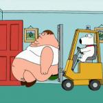 Peter griffin getting escorted out of the house by forklift meme