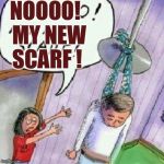 Why does everything happen to meeeee? | NOOOO!  MY NEW SCARF ! | image tagged in hang up your scarf,little lady,waiter cool taste in sallys,football namath blank,match meme | made w/ Imgflip meme maker