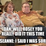 It was a freaking joke  | DAN: WELL ROSEY YOU REALLY DID IT THIS TIME; ROSEANNE: I SAID I WAS SORRY | image tagged in roseanne,planet of the apes,politics,donald trump,muslim | made w/ Imgflip meme maker