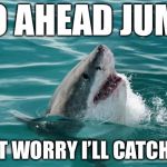 Friendly Shark | GO AHEAD JUMP; DON’T WORRY I’LL CATCH YOU | image tagged in friendly shark,memes,funny,cute animals | made w/ Imgflip meme maker