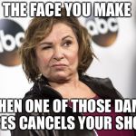 roseanne barr | THE FACE YOU MAKE; WHEN ONE OF THOSE DAMN APES CANCELS YOUR SHOW | image tagged in roseanne barr,funny,memes | made w/ Imgflip meme maker