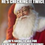 EU General Data Protection Regulation (GDPR) outlaws Santa | HE'S MAKING A LIST, HE'S CHECKING IT TWICE; HE'S GOING TO JAIL FOR GATHERING AND USING PERSONAL INFORMATION WITHOUT CONSENT | image tagged in santa claus,eu,gdpr,general data protection regulation | made w/ Imgflip meme maker