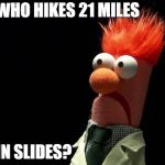 hiking in sandals | WHO HIKES 21 MILES; IN SLIDES? | image tagged in muppets | made w/ Imgflip meme maker