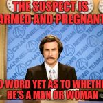 Ron Burgandy | THE SUSPECT IS ARMED AND PREGNANT NO WORD YET AS TO WHETHER HE'S A MAN OR WOMAN | image tagged in ron burgandy,funny memes,bank robber | made w/ Imgflip meme maker