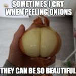 Onion Butt | SOMETIMES I CRY WHEN PEELING ONIONS; THEY CAN BE SO BEAUTIFUL | image tagged in onion butt,onion,butt,yoga pants | made w/ Imgflip meme maker