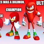 Revolution of Knuckles | IF KNUCKLES WAS A DIGIMON. ULTIMATE; CHAMPION; ROOKIE; MEGA | image tagged in revolution of knuckles,digimon,ugandan knuckles | made w/ Imgflip meme maker