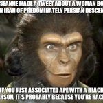 Planet of the Apes Zira | ROSEANNE MADE A TWEET ABOUT A WOMAN BORN IN IRAN OF PREDOMINATELY PERSIAN DESCENT; IF YOU JUST ASSOCIATED APE WITH A BLACK PERSON, IT'S PROBABLY BECAUSE YOU'RE RACIST | image tagged in planet of the apes zira | made w/ Imgflip meme maker