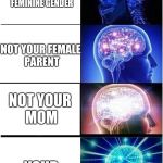Brain Expanding | NOT YOUR BIOLOGICAL PARENT WHO IS OF THE FEMININE GENDER YOUR MOMN'T NOT YOUR FEMALE PARENT NOT YOUR MOM | image tagged in brain expanding | made w/ Imgflip meme maker