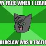 Warrior cats meme | MY FACE WHEN I LEARN; TIGERCLAW WAS A TRAITOR | image tagged in warrior cats meme | made w/ Imgflip meme maker