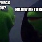Evil kermit | FOLLOW ME TO BE A ADMIN; WHO THE HECK ARE YOU? | image tagged in evil kermit | made w/ Imgflip meme maker