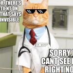 Cat Doctor | DOCTOR, THERE'S A PATIENT ON LINE 1 THAT SAYS HE'S INVISIBLE; SORRY,I CANT SEE HIM RIGHT NOW | image tagged in cat doctor,scumbag | made w/ Imgflip meme maker