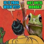 Approaching... Frog Week June 4-10, a JBmemegeek & giveuahint event! | NOT UNTIL MONDAY; IS IT FROG WEEK YET? | image tagged in frog slapping robin,memes,frog week,jbmemegeek,giveuahint | made w/ Imgflip meme maker