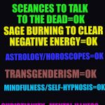 The tables have flipped! | FENG SHUI HOME = OK; SCEANCES TO TALK TO THE DEAD=OK; SAGE BURNING TO CLEAR NEGATIVE ENERGY=OK; ASTROLOGY/HOROSCOPES=OK; TRANSGENDERISM=OK; MINDFULNESS/SELF-HYPNOSIS=OK; CHRISTIANITY=MENTAL ILLNESS | image tagged in black blank | made w/ Imgflip meme maker