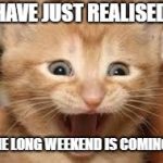 Long Weekend | I HAVE JUST REALISED... THE LONG WEEKEND IS COMING!! | image tagged in long weekend | made w/ Imgflip meme maker