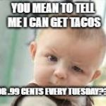 you mean to tell me | YOU MEAN TO TELL ME I CAN GET TACOS; FOR .99 CENTS EVERY TUESDAY??? | image tagged in you mean to tell me | made w/ Imgflip meme maker