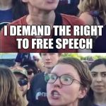 Two faced liberals | I DEMAND THE RIGHT TO FREE SPEECH; NO, I DIDN'T MEAN FOR YOU | image tagged in angry liberal hypocrite,memes | made w/ Imgflip meme maker