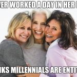 Baby boomer housewife | NEVER WORKED A DAY IN HER LIFE; THINKS MILLENNIALS ARE ENTITLED | image tagged in baby boomer feminists | made w/ Imgflip meme maker