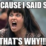 xena | BECAUSE I SAID SO! THAT'S WHY!!! | image tagged in xena | made w/ Imgflip meme maker
