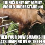 Cow | THINGS ONLY MY FAMILY WOULD UNDERSTAND #4; WHEN YOUR COW SMACKS HER TEATS JUMPING OVER THE FENCE | image tagged in cow | made w/ Imgflip meme maker
