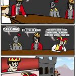 Medieval Boardroom Suggestion | HOW DO WE OVERTHROW THE NEIGHBORING KINGDOM? PLAN A SIEGE; KILL THEIR KING; WAIT ABOUT 7 CENTURIES AND DEVELOP THE ATOMIC BOMB AND START A COLD WAR | image tagged in medieval boardroom suggestion | made w/ Imgflip meme maker