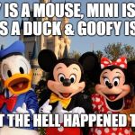 Walt Disney forget to Animorph Pluto? | IF MICKEY IS A MOUSE, MINI IS A MOUSE, DONALD IS A DUCK & GOOFY IS A DOG . . . THEN WHAT THE HELL HAPPENED TO PLUTO? | image tagged in disney,humor,comedy,dark humor | made w/ Imgflip meme maker