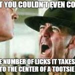 drill sergeant yelling | I BET YOU COULDN'T EVEN COUNT; THE NUMBER OF LICKS IT TAKES TO GET TO THE CENTER OF A TOOTSIE POP! | image tagged in drill sergeant yelling | made w/ Imgflip meme maker