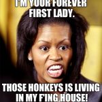 Jealous Much? | I'M YOUR FOREVER FIRST LADY. THOSE HONKEYS IS LIVING IN MY F'ING HOUSE! | image tagged in michelle obama lookalike,forever first lady,angry michelle,angry michelle obama,jealous michelle obama | made w/ Imgflip meme maker