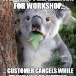 WTF Koala | WEEKS OF PREPARATION  FOR WORKSHOP... ... CUSTOMER CANCELS WHILE TRAVELLING TO MEETING. | image tagged in wtf koala | made w/ Imgflip meme maker
