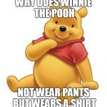 Winnie The Pooh | WHY DOES WINNIE THE POOH; NOT WEAR PANTS BUT WEARS A SHIRT | image tagged in winnie the pooh | made w/ Imgflip meme maker