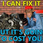 I'm guessing quite a few monkeys... :) | I CAN FIX IT; BUT IT'S GOING TO COST YOU... | image tagged in grease monkey,memes,animals,cars | made w/ Imgflip meme maker