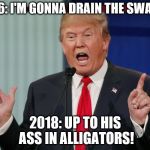 And up Schidt's Creek with a turd for a paddle! | 2016: I'M GONNA DRAIN THE SWAMP! 2018: UP TO HIS ASS IN ALLIGATORS! | image tagged in what if i told you donald trump,memes,donald trump,political meme,dump trump | made w/ Imgflip meme maker