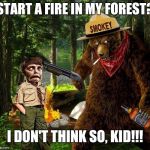 Smokey is done being 'cute' | START A FIRE IN MY FOREST? I DON'T THINK SO, KID!!! | image tagged in smokey the bear drunk,badass bear,funny,non liberal,keep it real | made w/ Imgflip meme maker