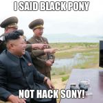 Kim Jung Un | I SAID BLACK PONY; NOT HACK SONY! | image tagged in kim jung un | made w/ Imgflip meme maker