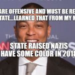Don Lemon | WORDS ARE OFFENSIVE AND MUST BE REGULATED BY THE STATE...LEARNED THAT FROM MY MASTERS; STATE RAISED NAZIS HAVE SOME COLOR IN 2018 | image tagged in don lemon | made w/ Imgflip meme maker