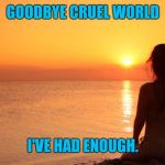 At peace | GOODBYE CRUEL WORLD; I'VE HAD ENOUGH. | image tagged in at peace | made w/ Imgflip meme maker